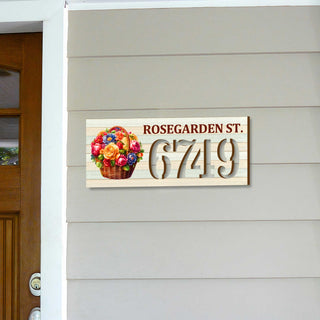 Handcrafted Floral Basket Address Sign – Custom House Number & Street Name Plaque – Horizontal Address Plaque for Porch or Entryway MA989832-2