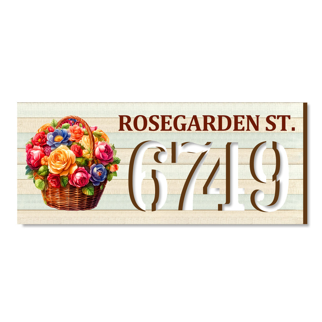 Floral basket address plaque with ROSEGARDEN ST. and house number 6749, customizable street name option, handcrafted by GDebrekht Artistic Studio. Perfect for holiday door decorations, welcome signs for home, and outdoor wall decor.