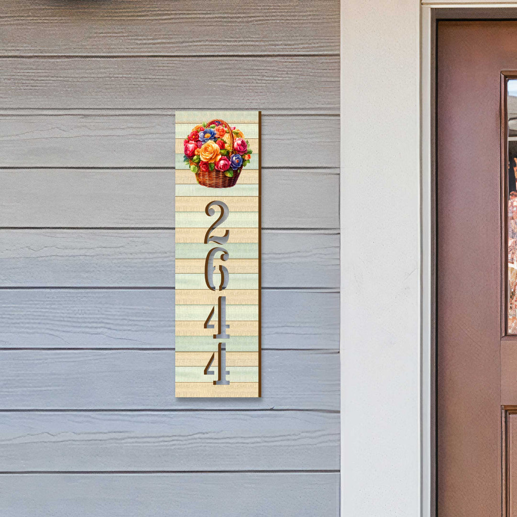 Handcrafted Floral House Number Sign – Wooden Address Plaque with Basket of Flowers – Custom Handcrafted Wooden Address Sign MA989832