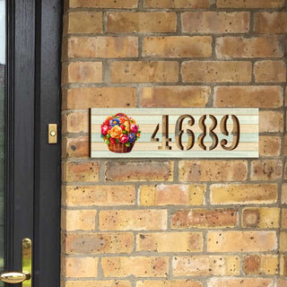 Handcrafted Floral House Number Sign – Wooden Address Plaque with Basket of Flowers – Custom Handcrafted Wooden Address Sign MA989832