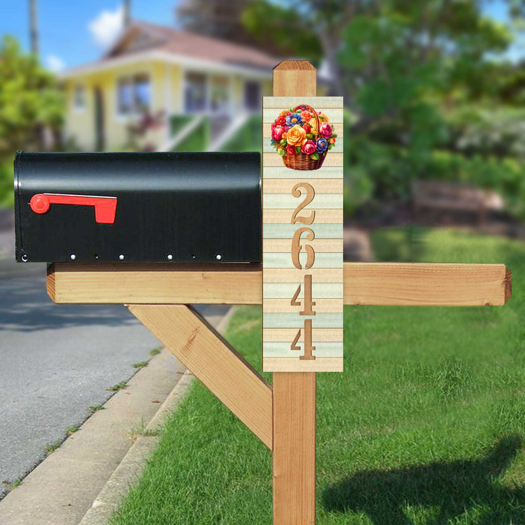 Handcrafted Floral House Number Sign – Wooden Address Plaque with Basket of Flowers – Custom Handcrafted Wooden Address Sign MA989832