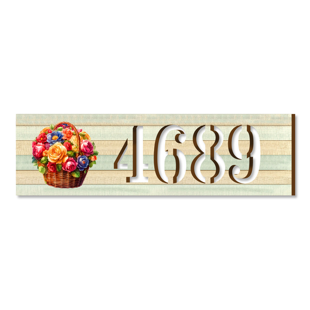 Handcrafted Floral House Number Sign – Wooden Address Plaque with Basket of Flowers – Custom Handcrafted Wooden Address Sign MA989832