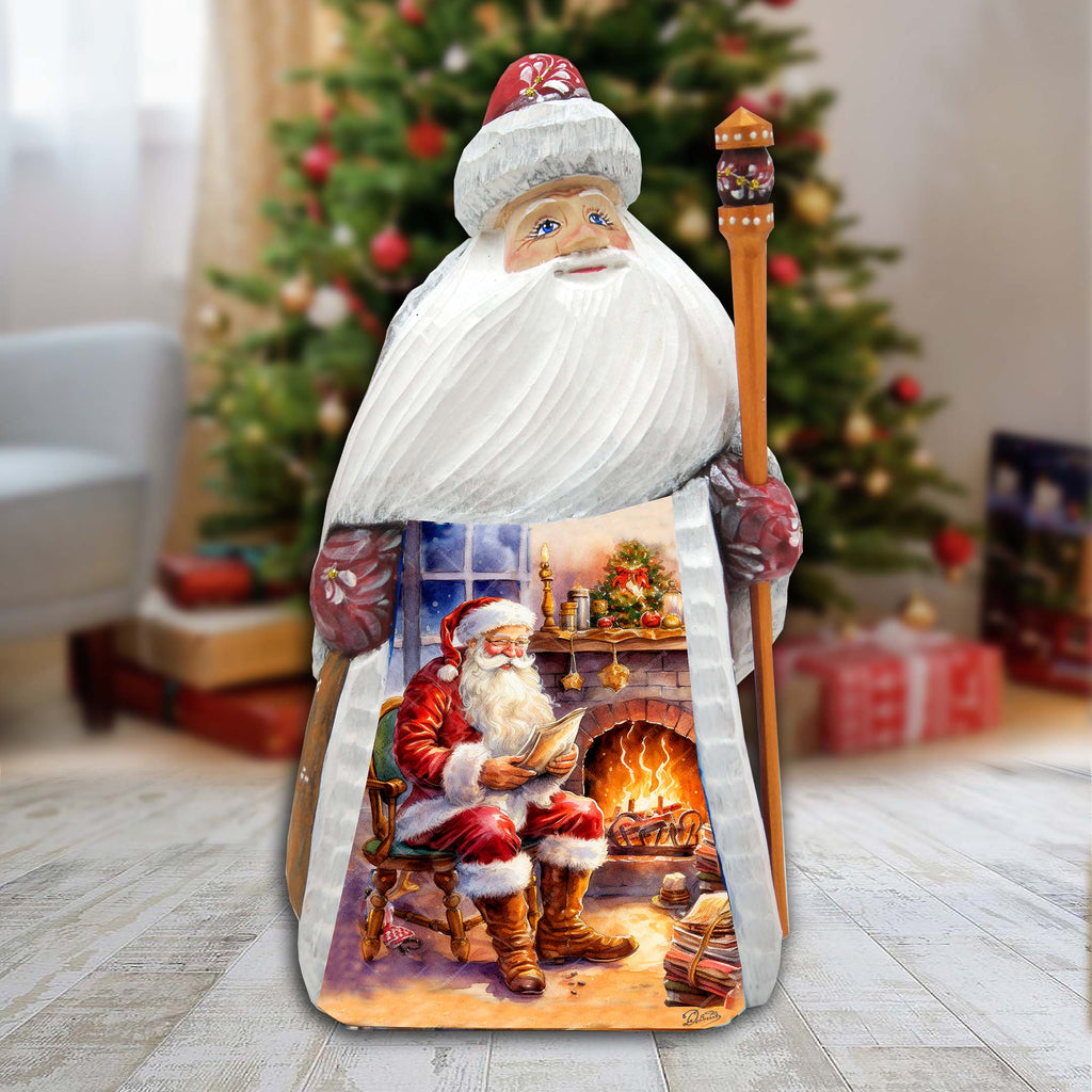 Santa at Fireplace Santa Hand-Painted WOODCARVED Figurine by G. DeBrekht - Nativity Holiday Decor - 8209019