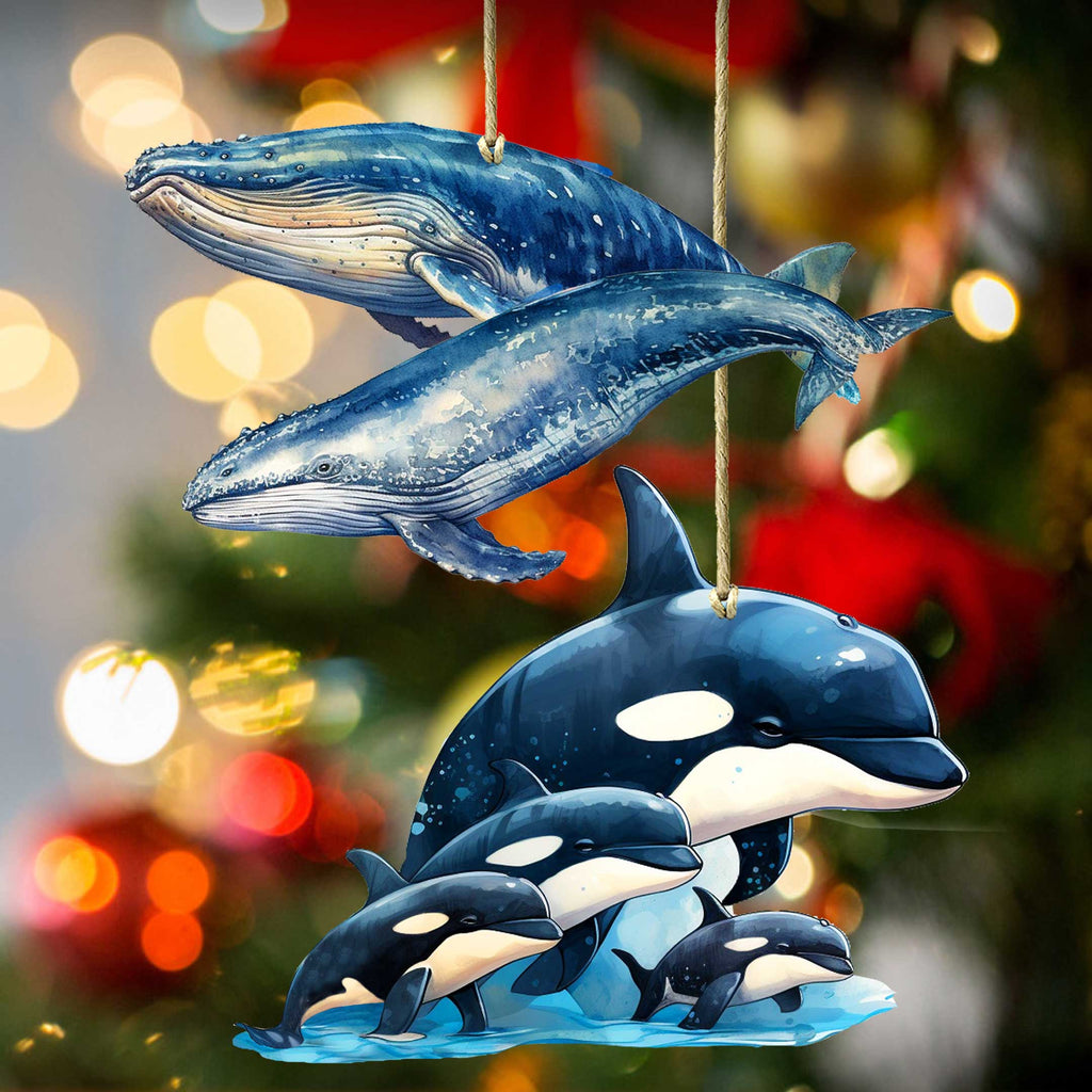 Alaskan Whale and Orca Eco Wood Ornaments Set of 2 by G. Debrekht - Wildlife Holiday Decor - 8091323S5
