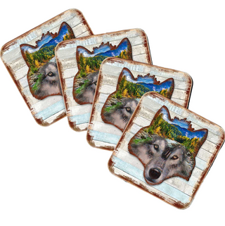 a collection of four square coasters, each featuring a close-up of a wolf's head against a forest landscape.