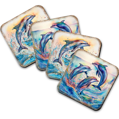 a collection of four square coasters, each featuring a vibrant and colorful depiction of a dolphin leaping out of the water.