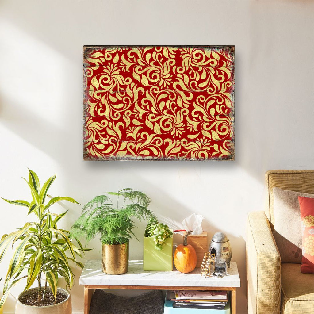 Red and Gold Floral Rustic Wooden Wall Art by G. DeBrekht - Floral Ornamental Decor - 95006B