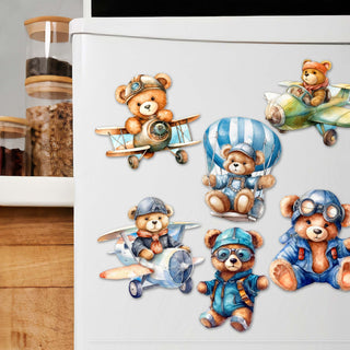 Aviator Teddy Bear Decorative Eco Wood Magnets Set of 6 by G. Debrekht - Christmas Decor - 8090010G-S6