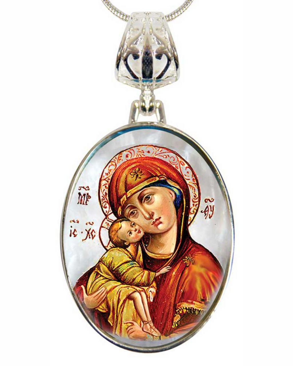 a pendant with a religious icon of the Virgin Mary holding the baby Jesus.