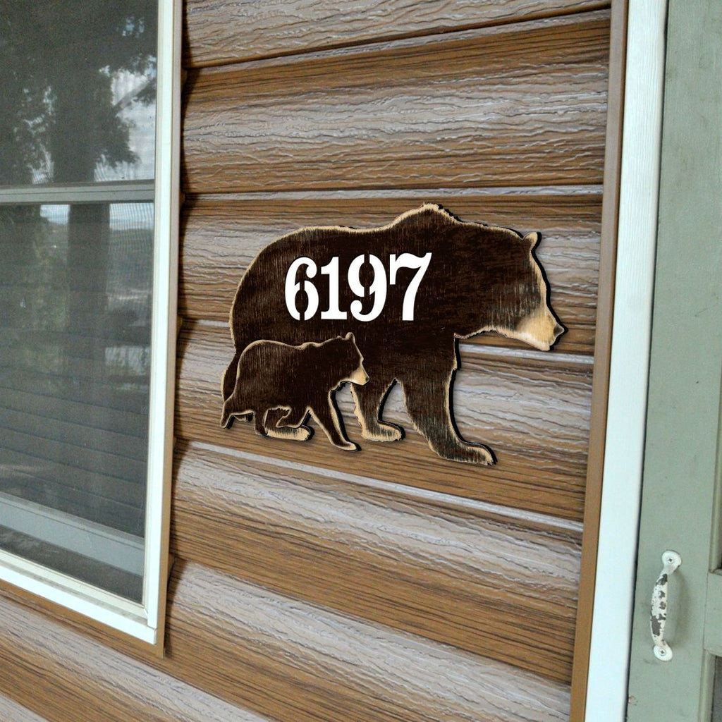 Bear Family Log Wooden Personalized House Number Sign by G. Odebrecht - Nature Wildlife Decor - Handcrafted Wooden Address Sign - MA982143