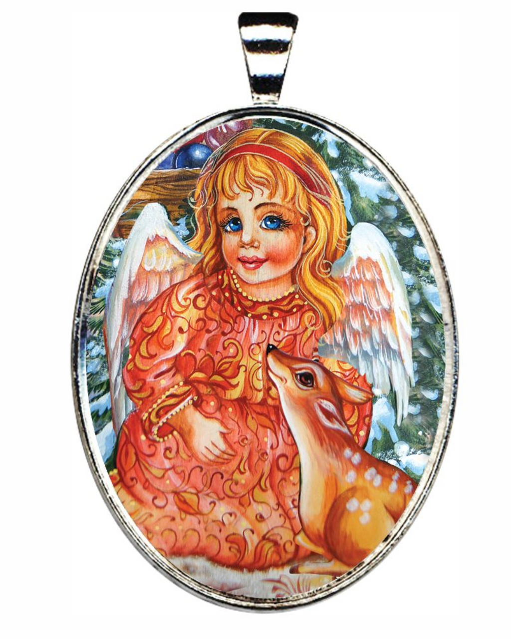 A pendant featuring a painting of a young girl with blonde hair and blue eyes, wearing a red dress and holding a deer.