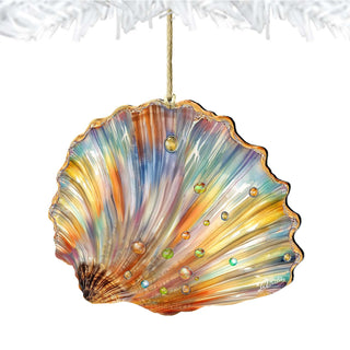 A colorful, intricately designed ornament resembling a seashell, with a variety of colors and patterns.