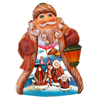 Santa Claus figurine with a lantern and reindeer in a snowy landscape.