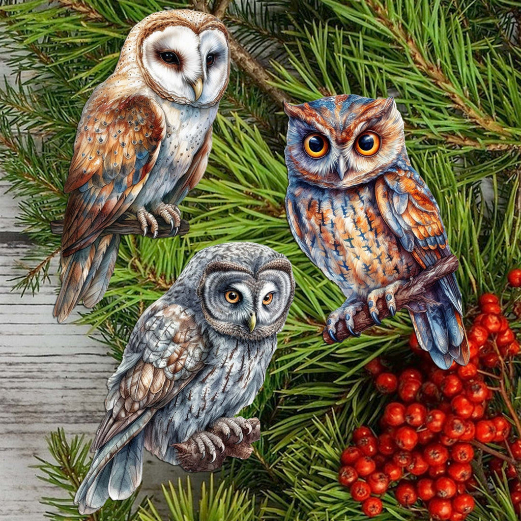 Night Owls Clip-On Eco Wood Decorative Ornaments Set of 3 by G. Debrekht - Wildlife Decor - 8091004C-S3