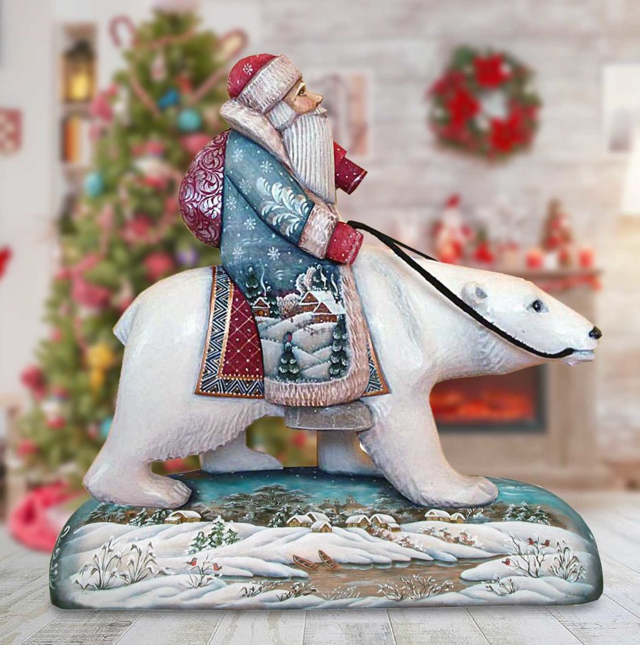 A white polar bear statue is depicted riding on the back of Santa Claus, with a wreath and Christmas decorations visible in the background.