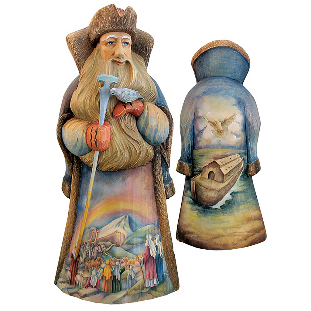 two wooden figurines, one depicting a bearded man holding a staff and the other showing a boat with a bird in the sky.