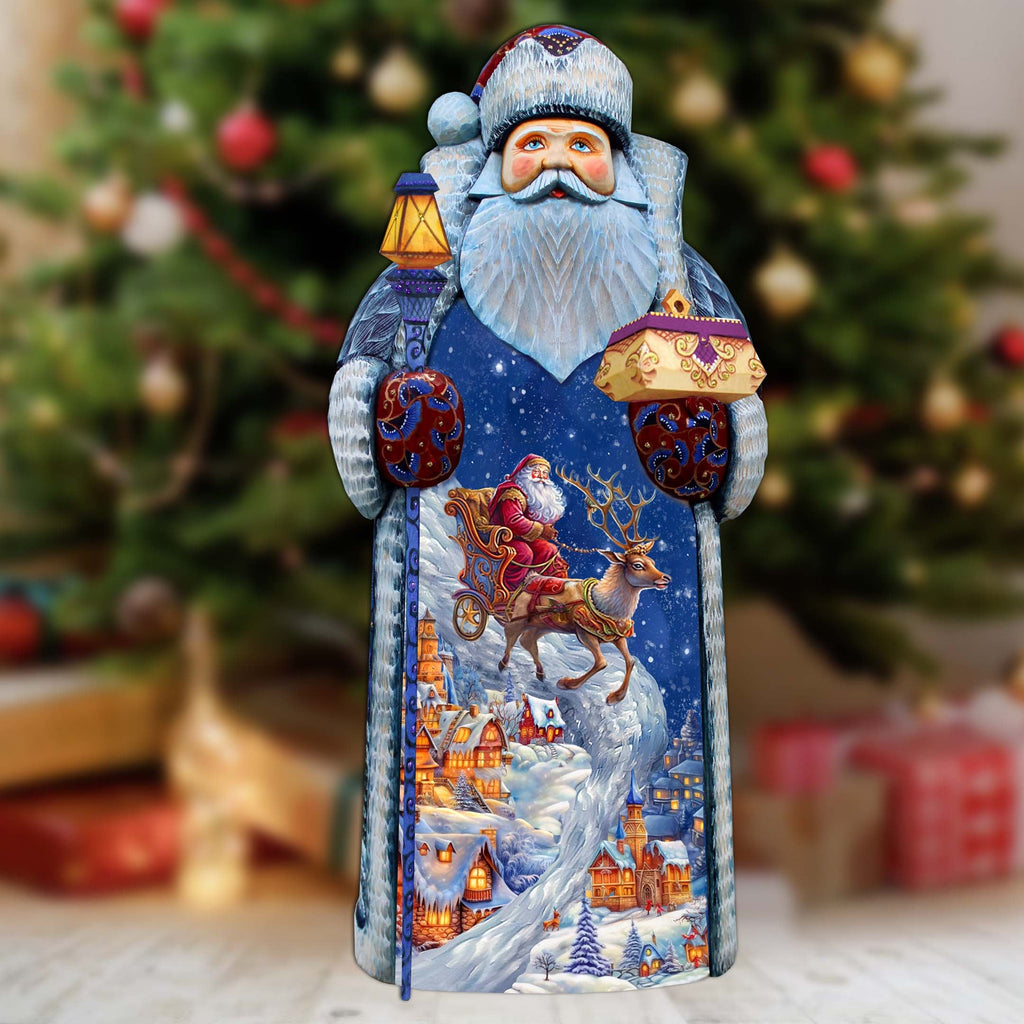 Joyful Sleigh Descent Santa Hand-Painted WOODCARVED Masterpiece Figurine by G. DeBrekht - Santa Snowman Christmas Decor - 215870