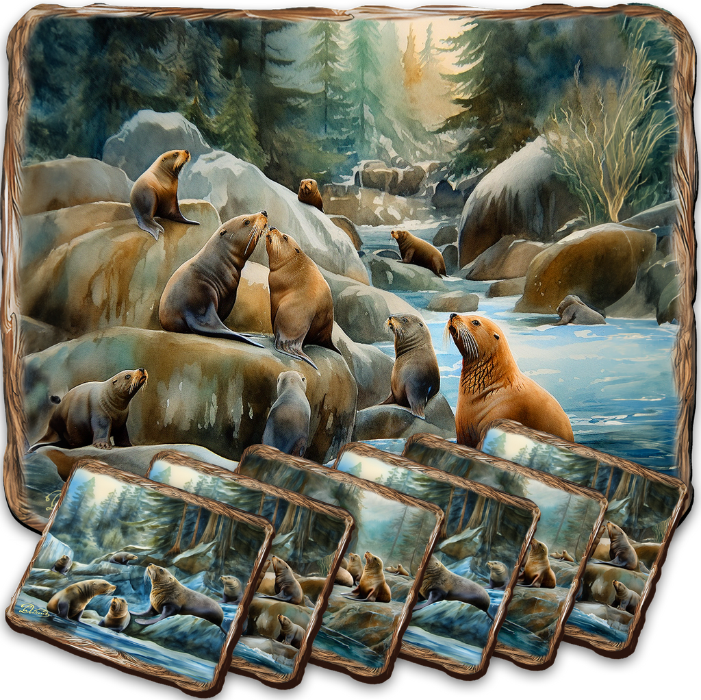 A collage of multiple images depicting a group of brown sea lions in various poses and settings, including on rocks, in the water, and on the shore.