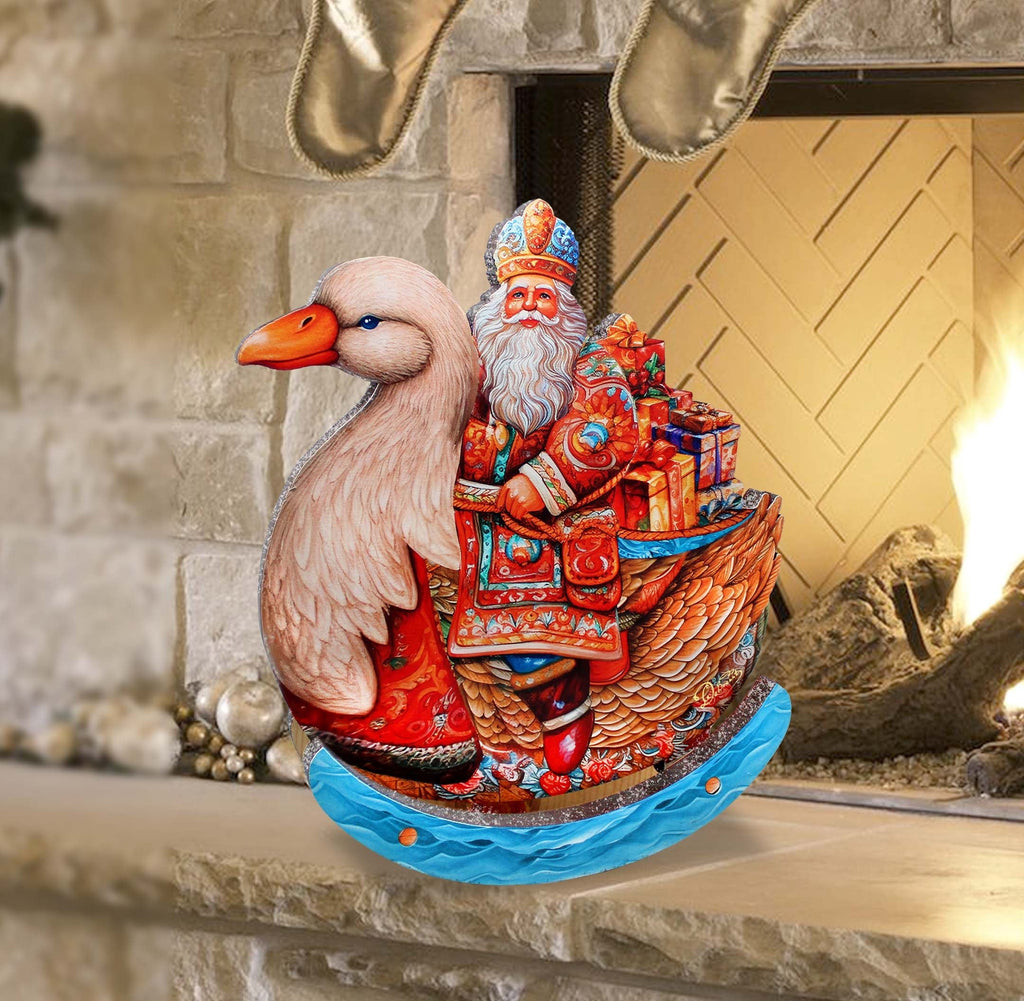 Charming Santa Riding Goose Limited Edition Wooden Figurine Centerpiece by G Debrekht - Christmas Decor - 89314