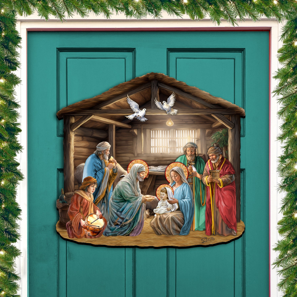 A nativity scene depicting the birth of Jesus Christ, with figures of the Virgin Mary, Joseph, and baby Jesus in a manger.