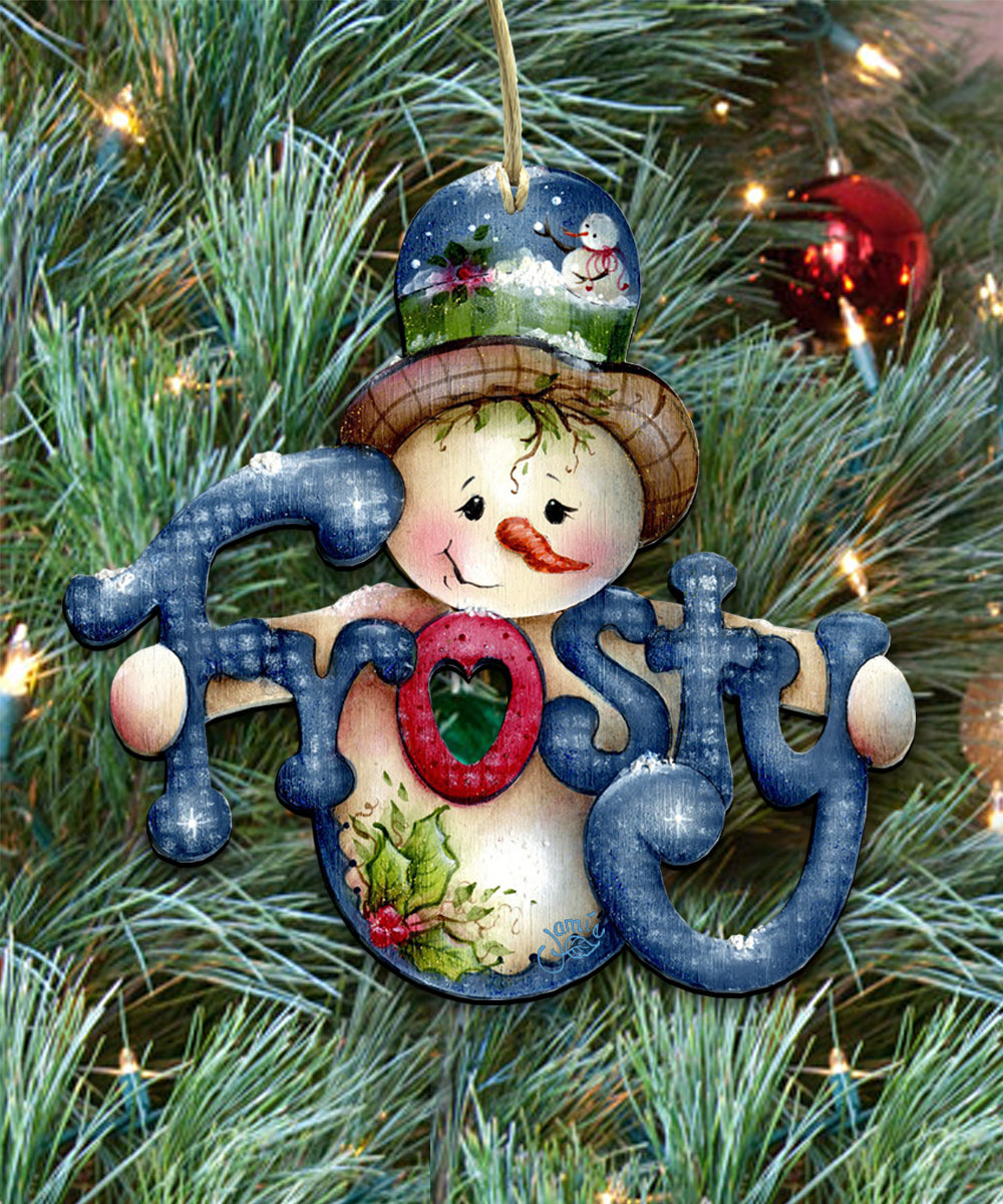 A snowman ornament with the word 
