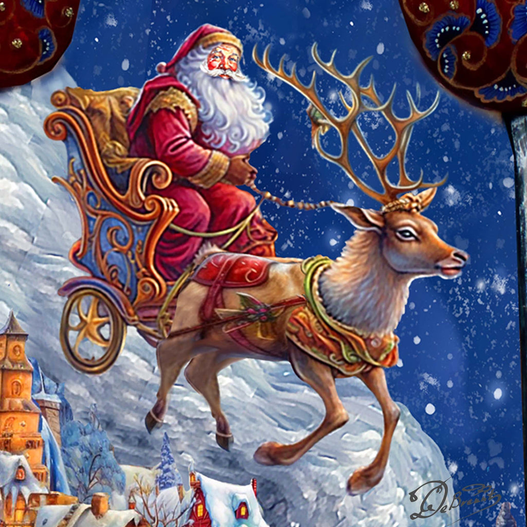 Joyful Sleigh Descent Santa Hand-Painted WOODCARVED Masterpiece Figurine by G. DeBrekht - Santa Snowman Christmas Decor - 215870