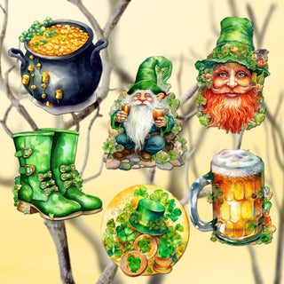 St. Patrick Day Clip-On Eco Wood Decorative Ornaments Set of 6 by G. Debrekht - St. Patrick Day Decor - 8090058C-S6