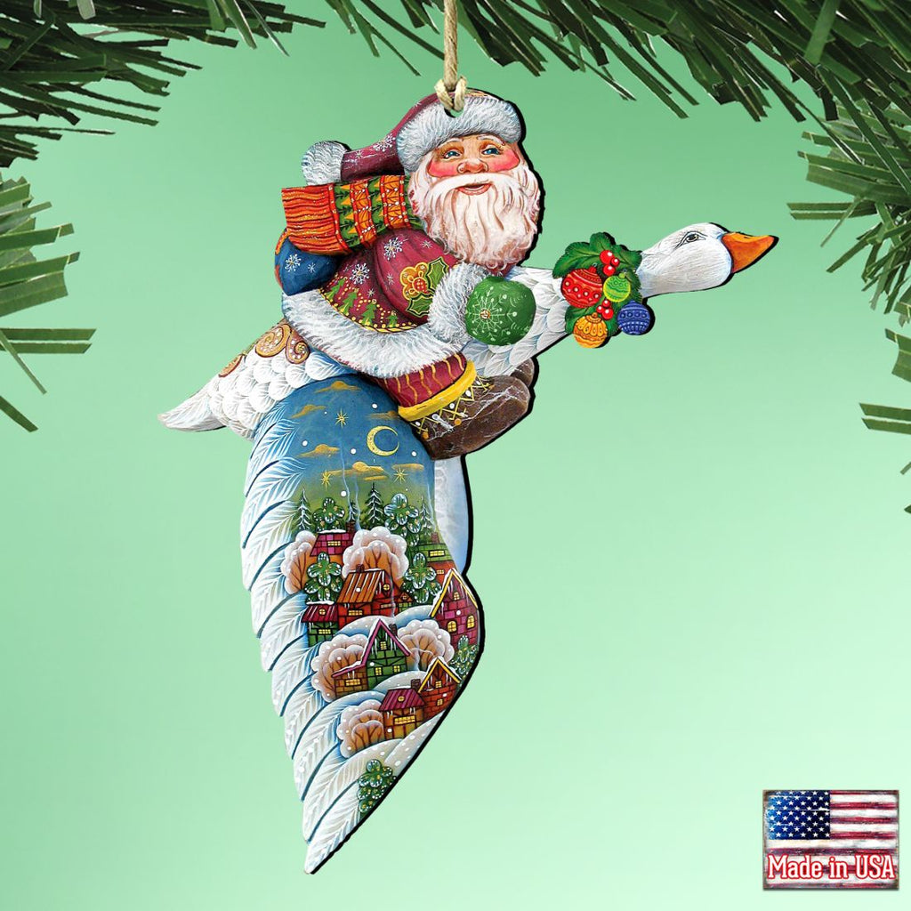 Goose Traveling Santa Wooden Ornaments by G. DeBrekht - Christmas Santa Snowman Decor - 8114060