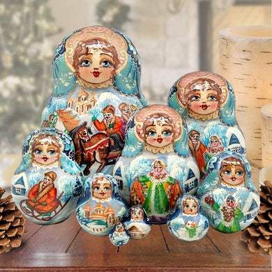 Santa Sleigh Ride Matreshka Nesting Hand-Painted Doll Set of 10 by G. DeBrekht - Christmas Santa Snowman Decor - 120021