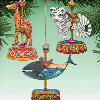 a collection of colorful and whimsical ornaments, including a giraffe, a tiger, a whale, and a carousel horse, all suspended from a string.