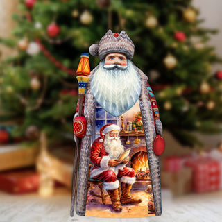 Fireside Magic List Santa Hand-Painted WOODCARVED Masterpiece by G. DeBrekht - Christmas Santa Snowman Decor - 210236SE