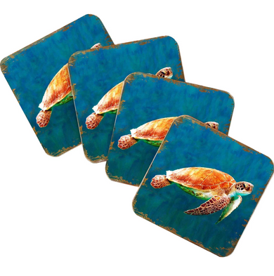 A set of four square coasters with a vibrant blue background and a detailed illustration of a sea turtle swimming.