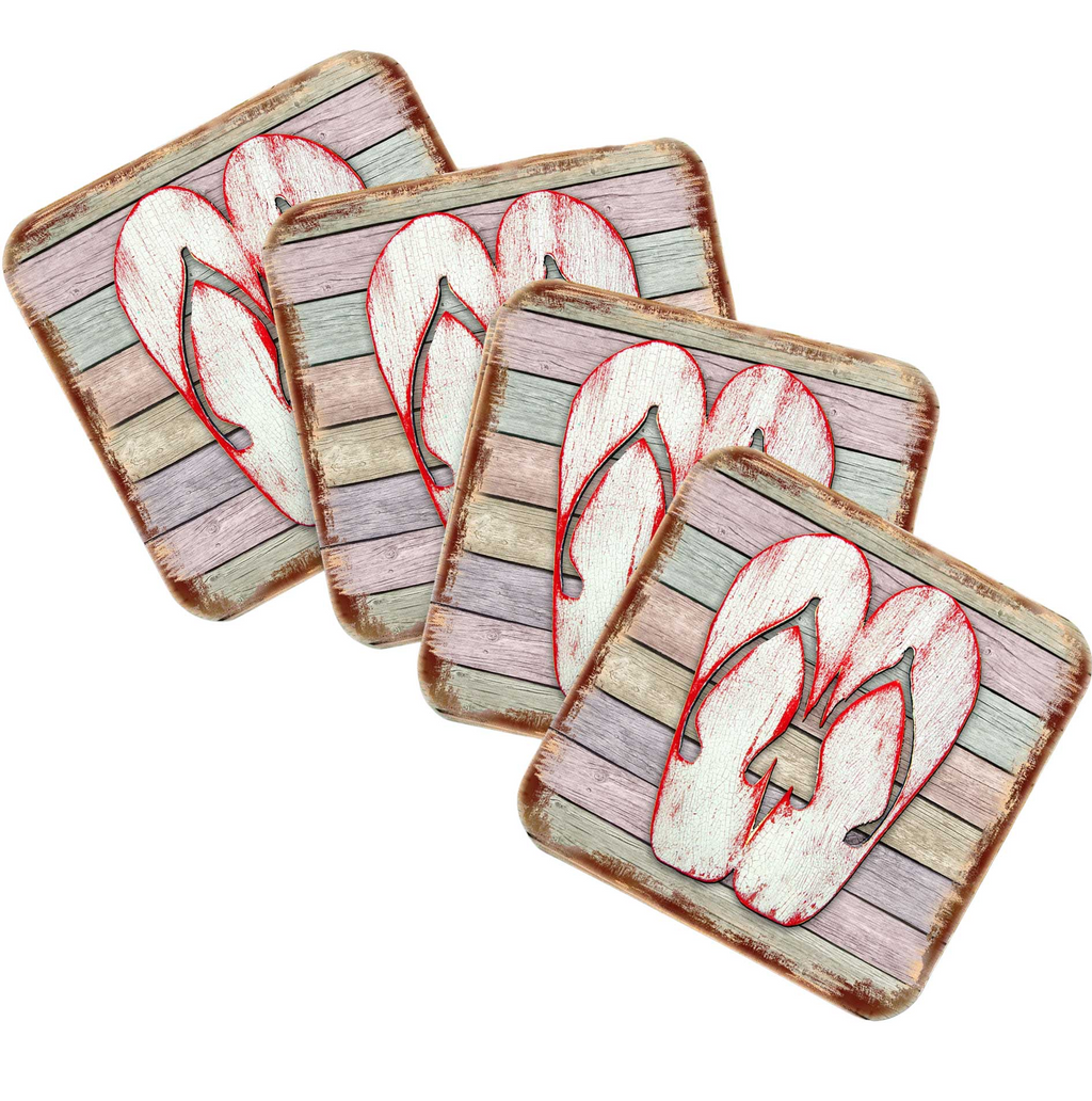 four square coasters with a design of red flip-flops on a wooden background.