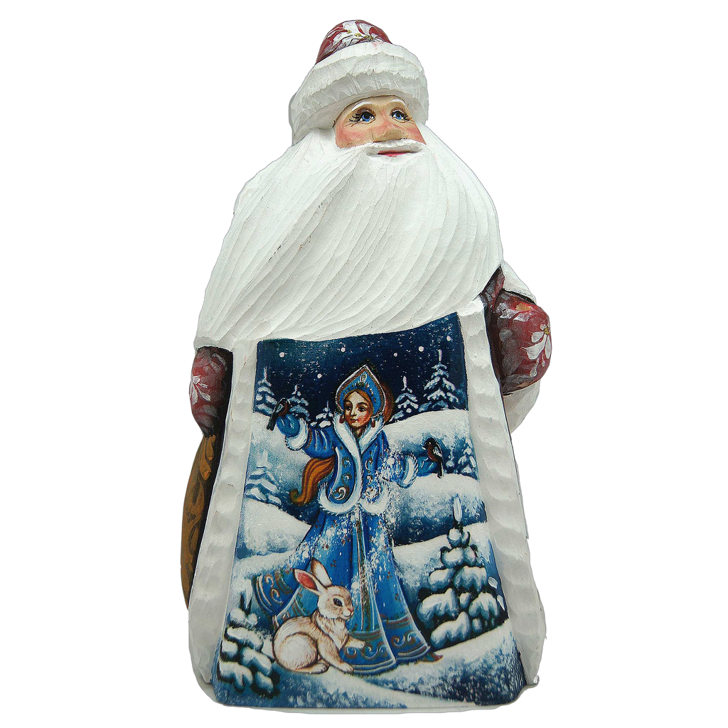 A carved wooden Santa Claus figure with a blue and white winter scene on its bag.