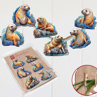 Coastal Sea Lions Clip-On Eco Wood Decorative Ornaments Set of 6 by G. Debrekht - Wildlife Decor - 8090127C-S6
