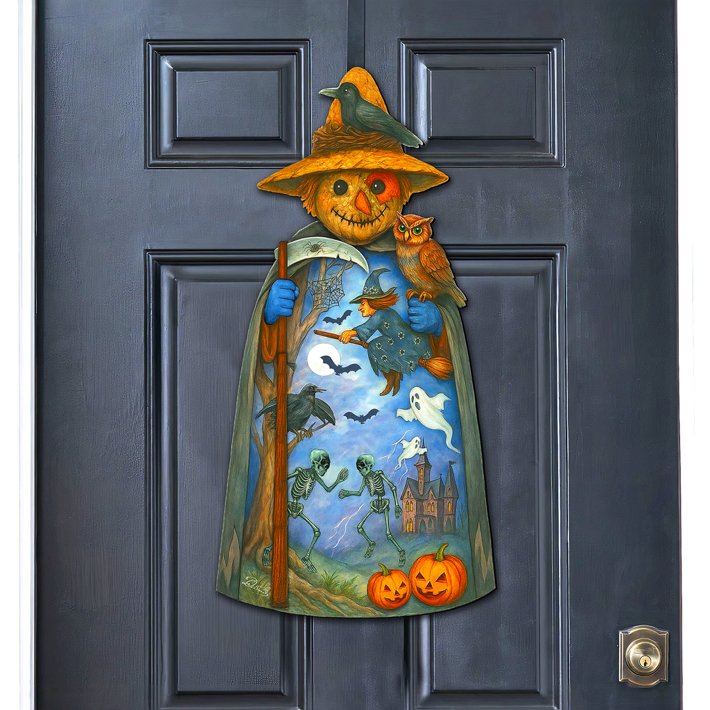 A Halloween-themed door decoration featuring a scarecrow figure with a hat, holding a scythe and a bird, and a castle, jack-o-lanterns, and skeleton figures.