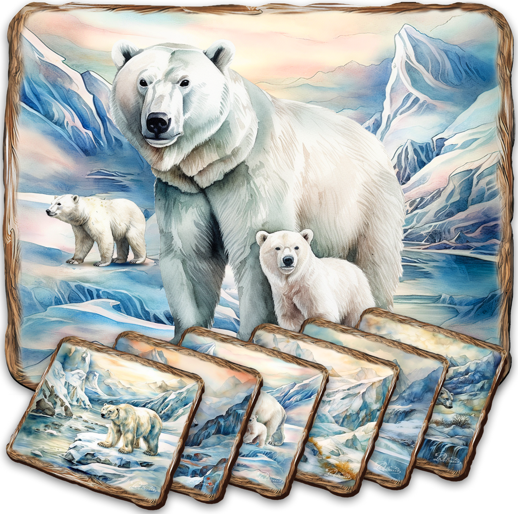 A collage of six images depicting polar bears in various snowy and icy environments, including mountains, ice, and snow.