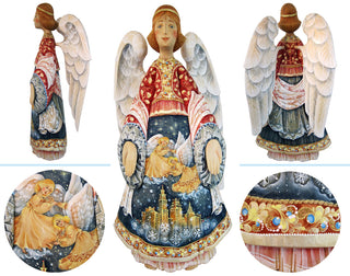 The image is a collage of four images depicting a detailed and ornate angel figurine. The angel is adorned with intricate patterns, vibrant colors, and a variety of objects, including a cityscape, a bird, and a snowflake. The angel's wings are spread wide, and the overall composition is visually striking and captivating.