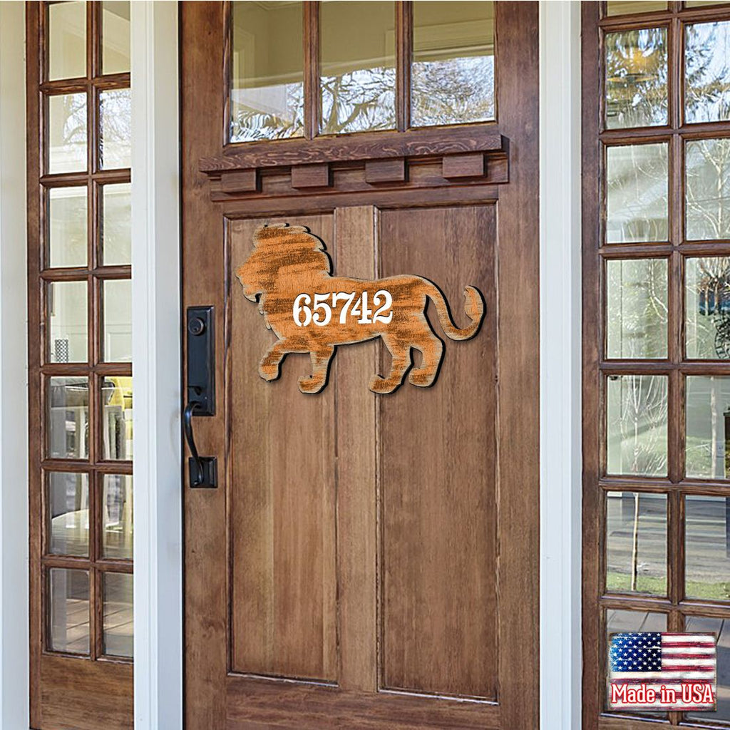 Lion Wooden Custom House Number Sign by G. DeBrekht - Nature Wildlife Decor - Handcrafted Wooden Handcrafted Wooden Address Sign - MA98230
