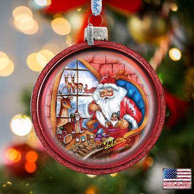 Santa Workshop Glass Ornament by G. DeBrekht - Christmas Santa Snowman Decor - 73611C