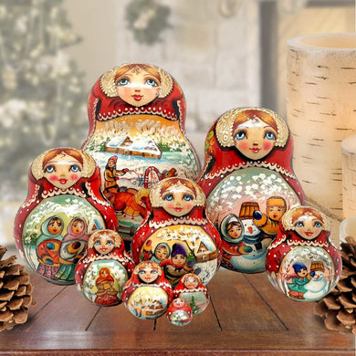 Santa Sleigh Ride Red Matreshka Nesting Hand-Painted Doll Set of 10 by G. DeBrekht - Christmas Santa Snowman Decor - 120021-2
