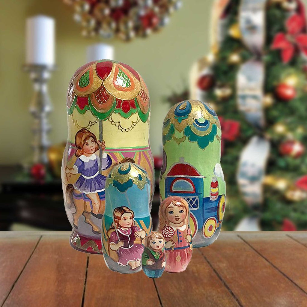 Carousel Ride Matreshka Nesting Hand-Painted Doll Set of 5 by G. DeBrekht - Christmas Decor - 1300914