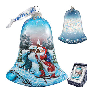 Santa on Ski Bell Glass Ornament by G. DeBrekht - Christmas Santa Snowman Decor - 73342
