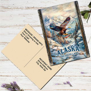 a postcard with a painting of an eagle in flight over a snowy landscape, along with the text 