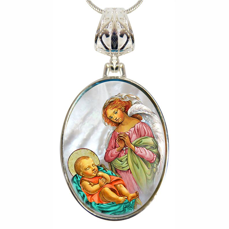 Blessing Angel with Child Silver Plated Mother of Pearl Silver Necklace - 43028