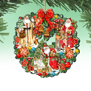 A wreath decorated with various Christmas-themed elements, including Santa Claus, reindeer, flowers, and other festive decorations.