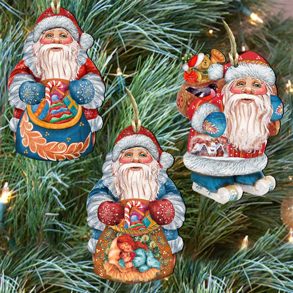 Holiday Gifts Santa Wooden Ornaments Set of 3 by G. DeBrekht - Christmas Santa Snowman Decor - 8100007S3