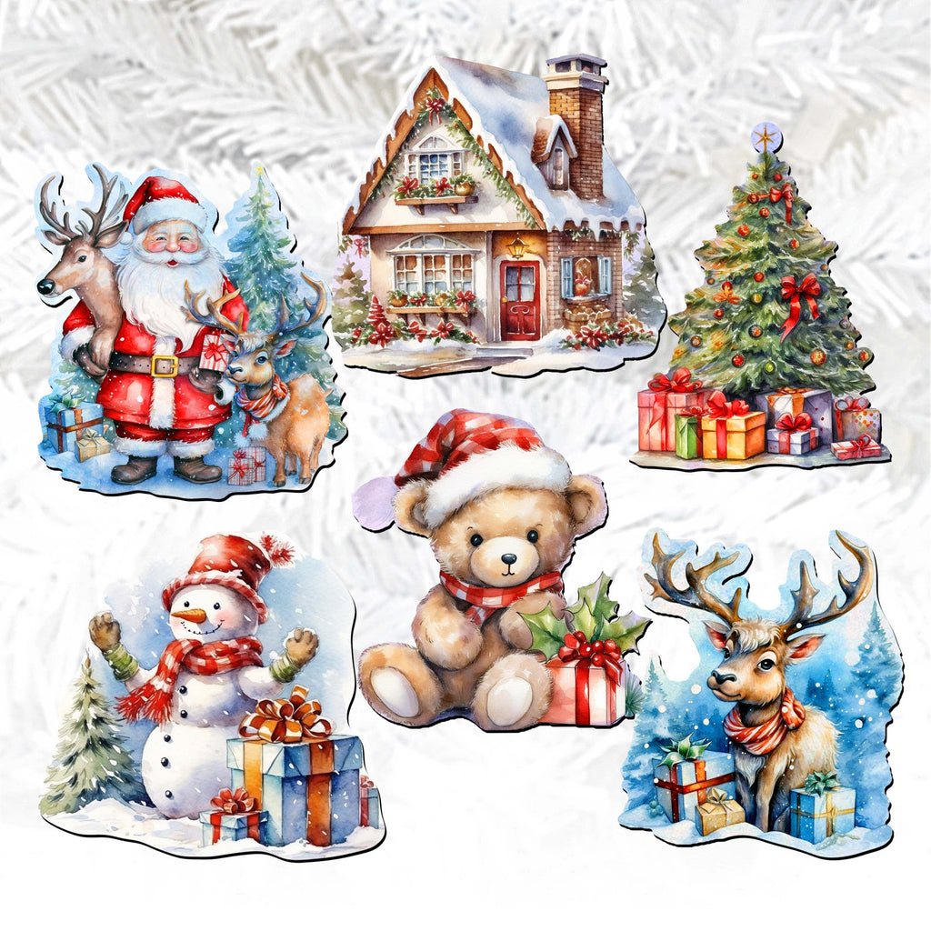 Christmas Is Here Clip-On Eco Wood Decorative Ornaments Set of 6 by G. Debrekht - Christmas Decor - 8090028C-S6
