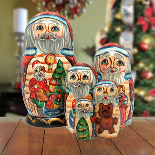Christmas Workshop Santa Matreshka Nesting Hand-Painted Doll Set of 5 by G. DeBrekht - Christmas Santa Snowman Decor - 110112-2
