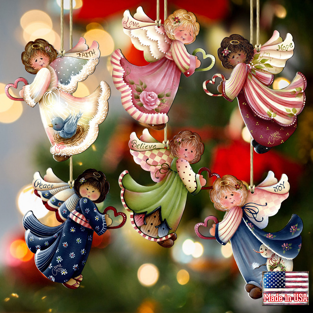 A collage of six angel ornaments hanging from strings, each with a unique design and color scheme. The ornaments include angels with hearts, flowers, and the words 